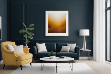 Interior mockup with picture frame on a Wall. Living room with sofa and painting on a wall
