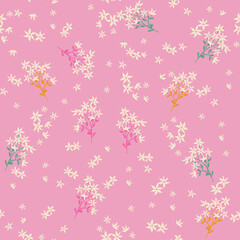 Cute, trendy ditsy, small flowers, spaced out doodle flowers, hand drawn floral, seamless pattern print for fashion, textile, tshirt, girls, kidswear, womens wear