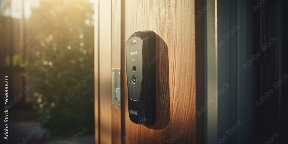 Aufkleber Close-Up of a Finger Pressing a Fingerprint Sensor Next to a Doorknob for Keyless Access to a Front Door.