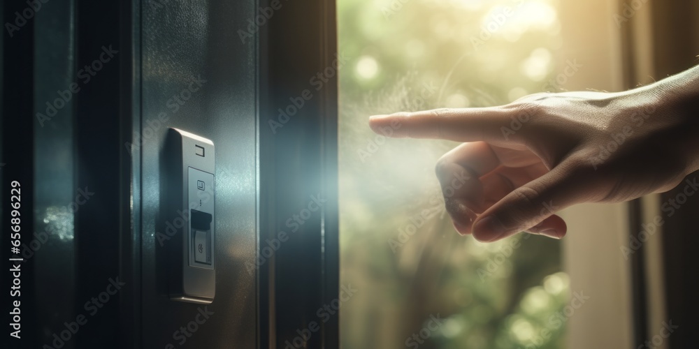Poster Close-Up of a Finger Pressing a Fingerprint Sensor Next to a Doorknob for Keyless Access to a Front Door