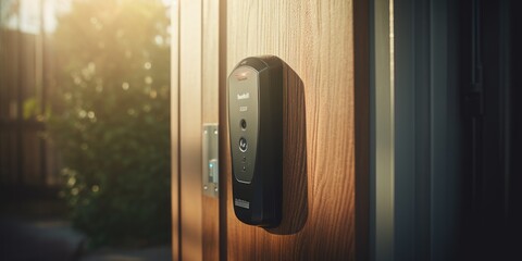 Close-Up of a Finger Pressing a Fingerprint Sensor Next to a Doorknob for Keyless Access to a Front Door. - obrazy, fototapety, plakaty