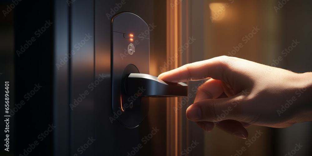 Poster Close-Up of a Finger Pressing a Fingerprint Sensor Next to a Doorknob for Keyless Access to a Front Door