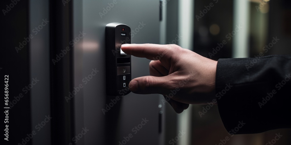 Poster Close-Up of a Finger Pressing a Fingerprint Sensor Next to a Doorknob for Keyless Access to a Front Door