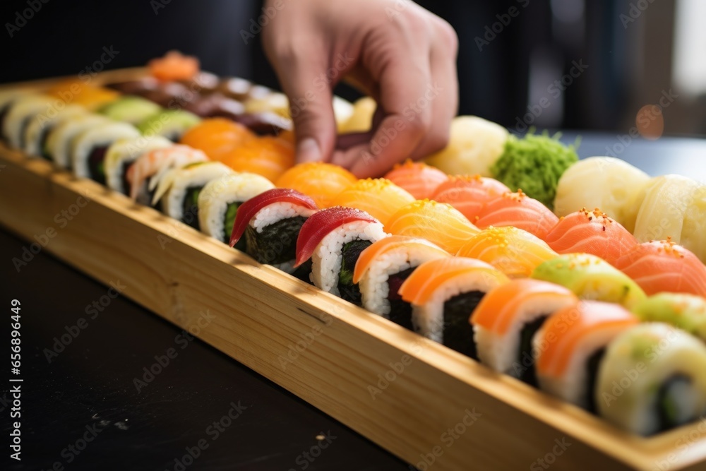 Wall mural hand picking up sushi roll from a wooden sushi box