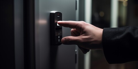 Close-Up of a Finger Pressing a Fingerprint Sensor Next to a Doorknob for Keyless Access to a Front Door