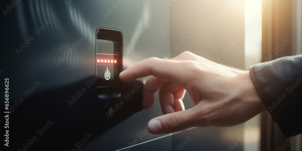 Poster Close-Up of a Finger Pressing a Fingerprint Sensor Next to a Doorknob for Keyless Access to a Front Door