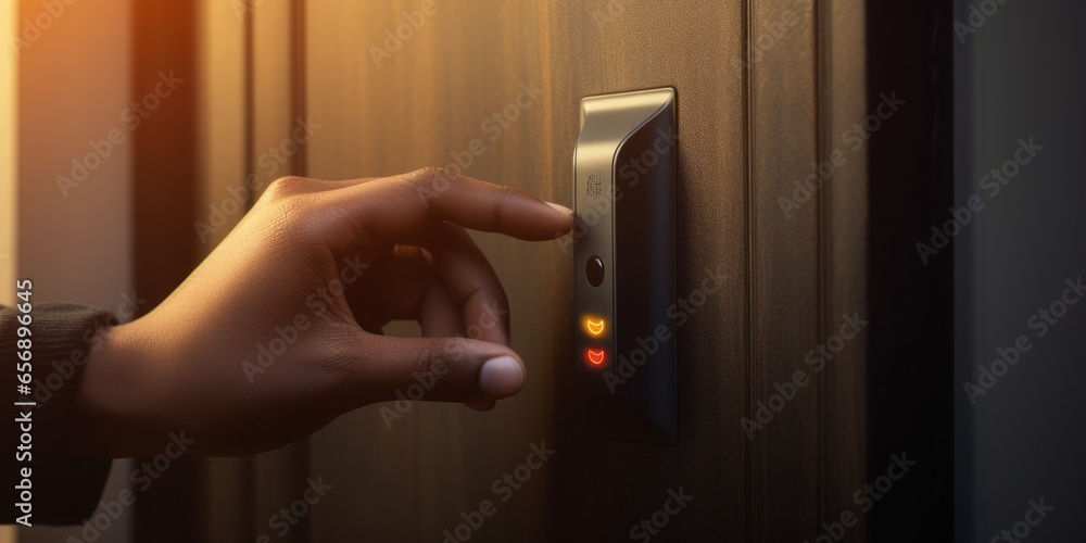 Poster Close-Up of a Finger Pressing a Fingerprint Sensor Next to a Doorknob for Keyless Access to a Front Door