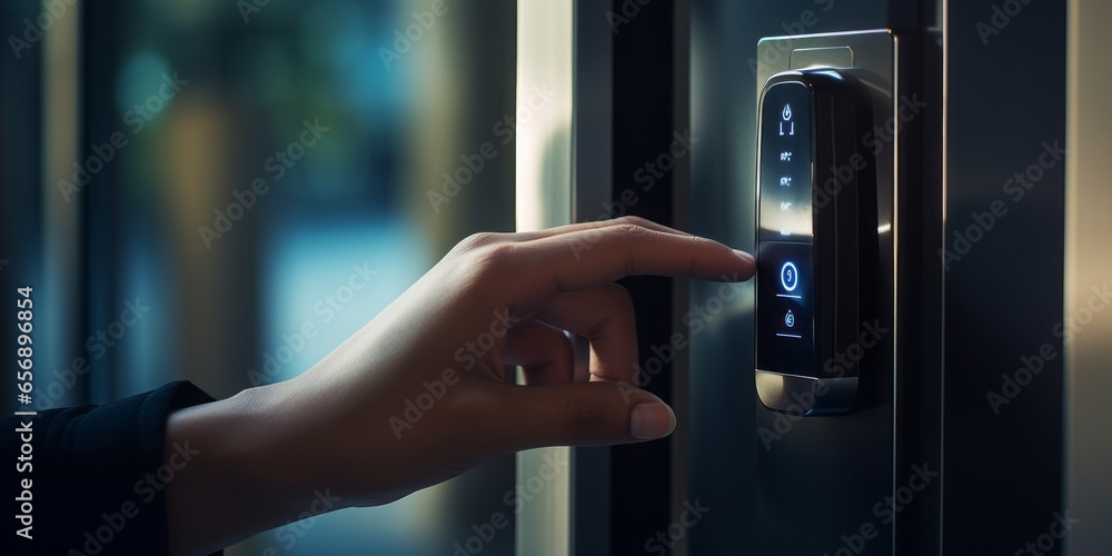 Aufkleber Close-Up of a Finger Pressing a Fingerprint Sensor Next to a Doorknob for Keyless Access to a Front Door