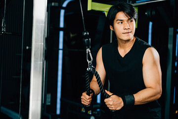 Fitness concept - male athlete doing pulldown cable tricep pulldowns at the gym, working towards his fitness and bodybuilding goals. Upper body strength exercise