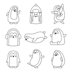 Cute cartoon penguin characters. Coloring Page. Winter animals. Antarctic bird. Vector drawing. Collection of design elements.