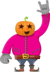 Man in halloween costume with pumpkin mask isolated on white background. Happy Halloween rock n roll party background and poster design template with funny Halloween cartoon character.