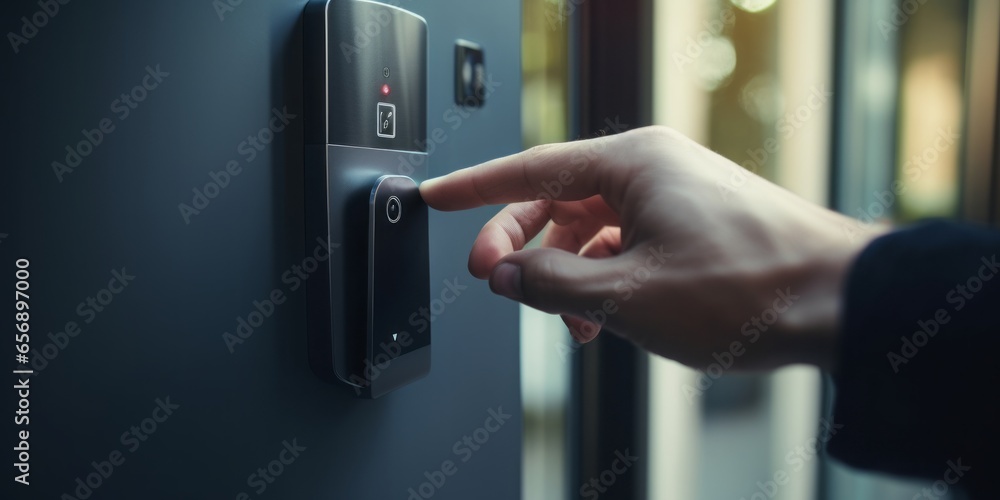 Poster Close-Up of a Finger Pressing a Fingerprint Sensor Next to a Doorknob for Keyless Access to a Front Door