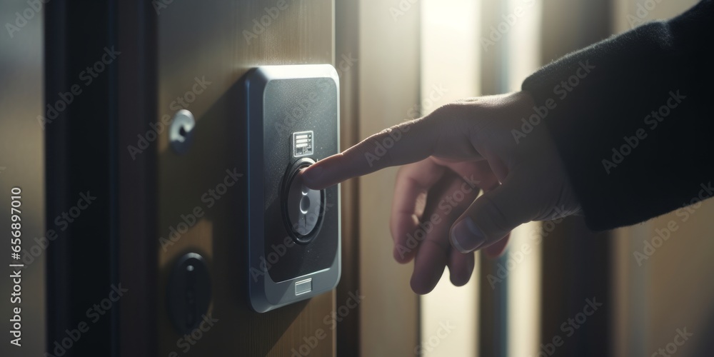 Poster Close-Up of a Finger Pressing a Fingerprint Sensor Next to a Doorknob for Keyless Access to a Front Door