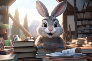 The hare is sitting with textbooks in the library