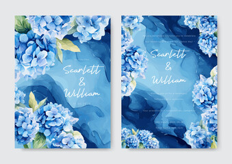 Wedding invitation watercolor template with blue beautiful flower