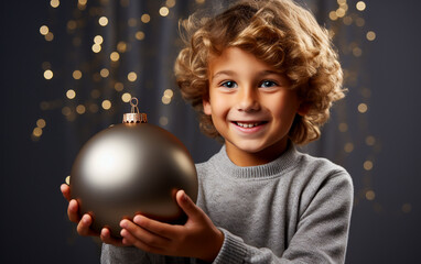 Naklejka premium A cute child shows a christmas decorative ball in his hand, on grey background with sparkle lights