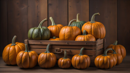 The pumpkins in a wooden box on a pumpkin patch farm fall autumn season.ai generated