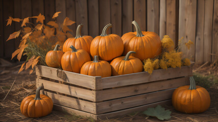 The pumpkins in a wooden box on a pumpkin patch farm fall autumn season.ai generated
