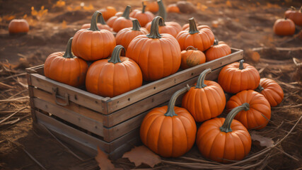 The pumpkins in a wooden box on a pumpkin patch farm fall autumn season.ai generated