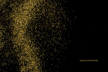 Gold Glitter Texture Isolated On Black. Goldish Color Sequins. Celebratory Background. Golden Explosion Of Confetti. Vector Illustration, Eps 10.