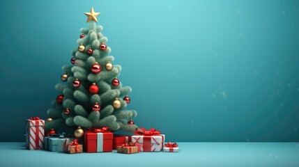 Christmas tree with decorations and gifts , a place for text