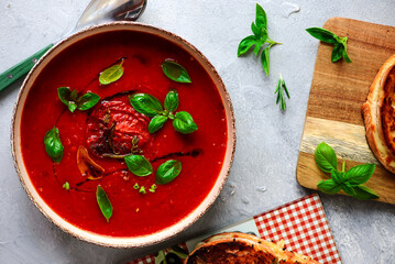 Tomato soup with cheese toast.selective focus