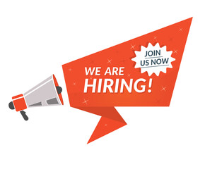 We are hiring, job announcement vector with megaphone, outsource team hire creative employee