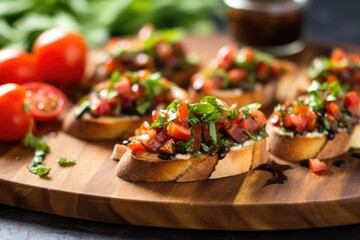 serving bruschetta on wooden board lined with parchment paper