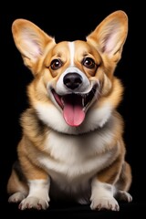 Funny active pet. Cute Corgi dog isolated on black background