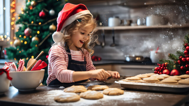 Happy funny little girl bake chismas cookie. Ai Design