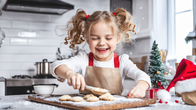 Happy funny little girl bake chismas cookie. Ai Design