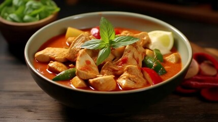 A bowl of spicy, Thai red curry with chicken and vegetables.