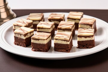 Fototapeta na wymiar square cut brownies arranged in a row on a serving plate