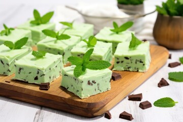 mint chocolate chip brownies on a paper tray