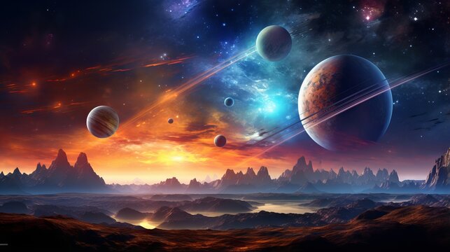 Sunrise over planets in space: a majestic view of the solar system and the starry sky