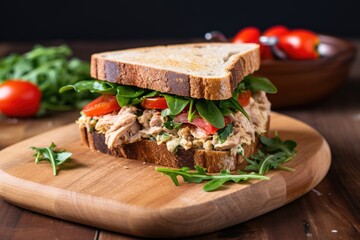 tuna salad sandwich on a wooden board