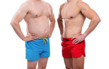 before fat after slim compare of men in studio. cropped view of men with before fat after slim