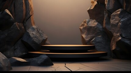 Black geometric Stone and Rock shape background, minimalist mockup for podium display or showcase,