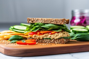 sandwich with hummus spread and veggies on rye bread