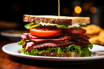 close-up of gourmet vegan roast beef sandwich