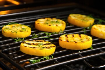 cooking halves of baby squashes on hot grate