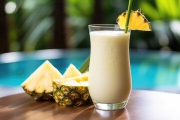 glass of virgin pina colada with coconut and pineapple on a patio