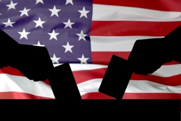 American flag and vote silhouette, human hands