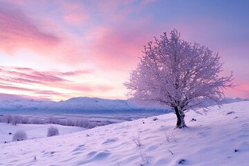 Fototapeta na wymiar snowy mountains under pastel sunrise glow