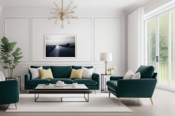 Fototapeta premium Interior mockup with picture frame on a Wall. Living room with sofa and painting on a wall