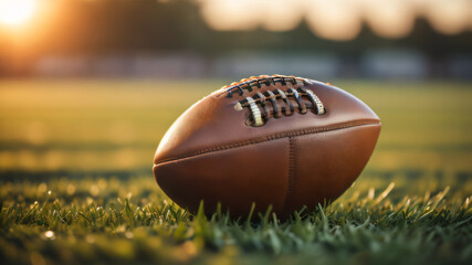 Close up shot of a brown leather football ball on grass turf football field American football