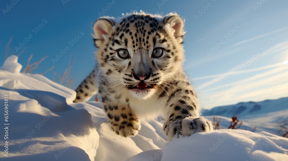 Wall mural snow leopard cub crawling across the snow (generative ai)