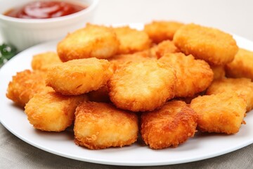 close-up of chicken nuggets on a plain white plate