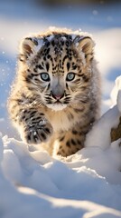 Fototapeta na wymiar snow leopard cub crawling across the snow (generative AI)