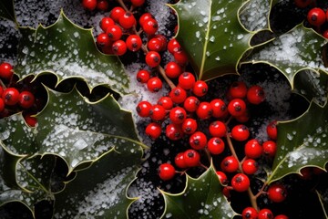 close-up of holly leaves and berries in snow